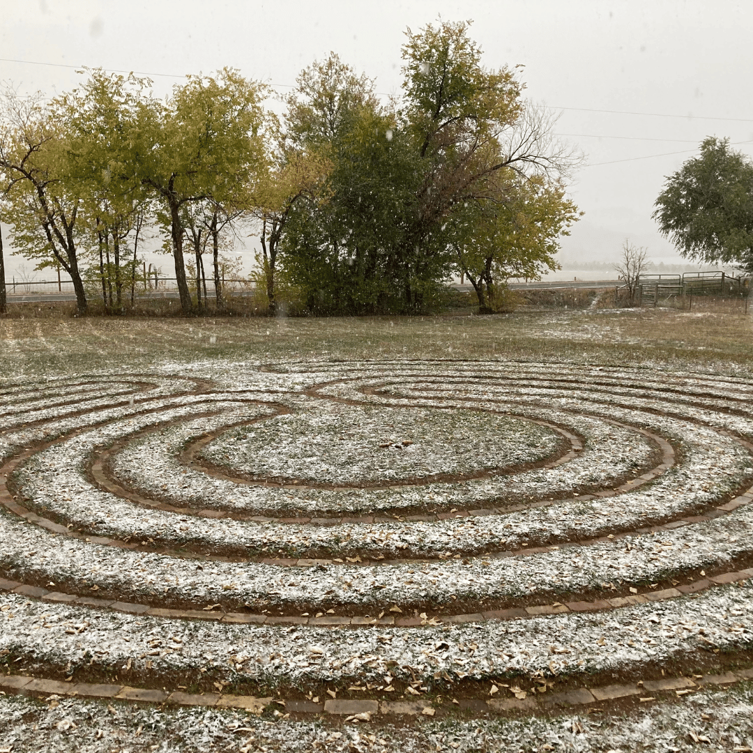 meditation labyrinth at sunrise ranch with a dusting of snow