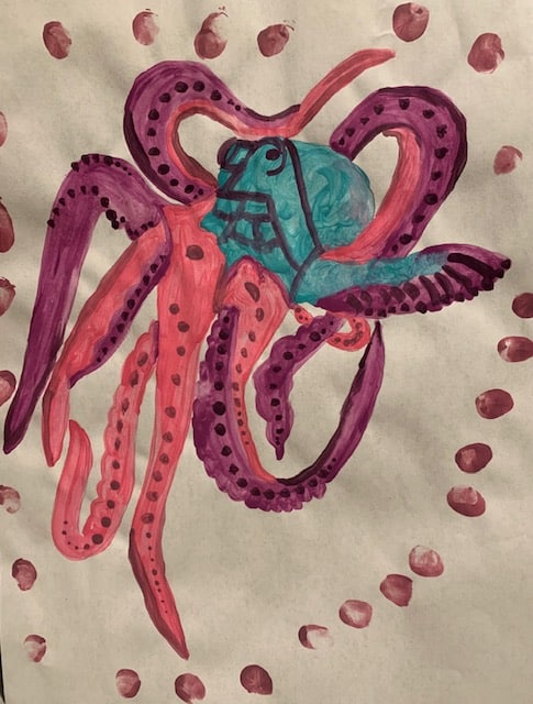 a painting by Lorie Gearhart of an octopus with a pink thumbprint border 