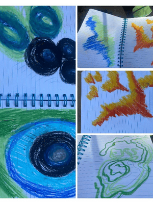 image of drawings Kate DeCoste made in a notebook during a client's KAP session - they are bright and abstract and drawn with colored pencil 